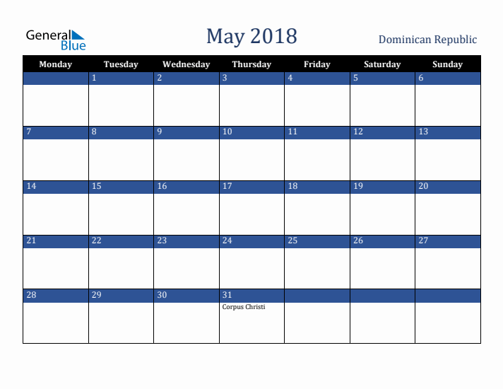 May 2018 Dominican Republic Calendar (Monday Start)