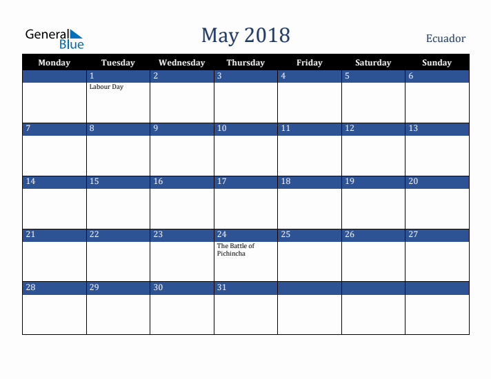 May 2018 Ecuador Calendar (Monday Start)