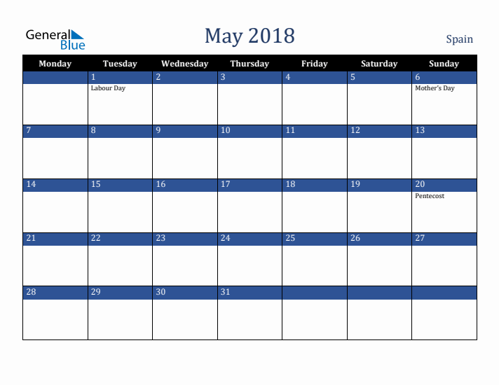 May 2018 Spain Calendar (Monday Start)