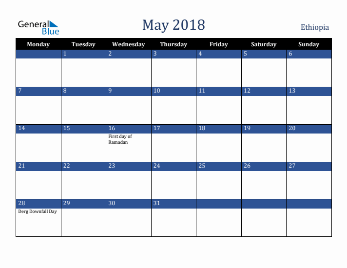 May 2018 Ethiopia Calendar (Monday Start)