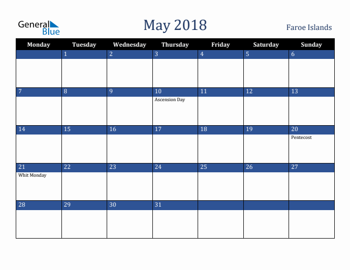 May 2018 Faroe Islands Calendar (Monday Start)