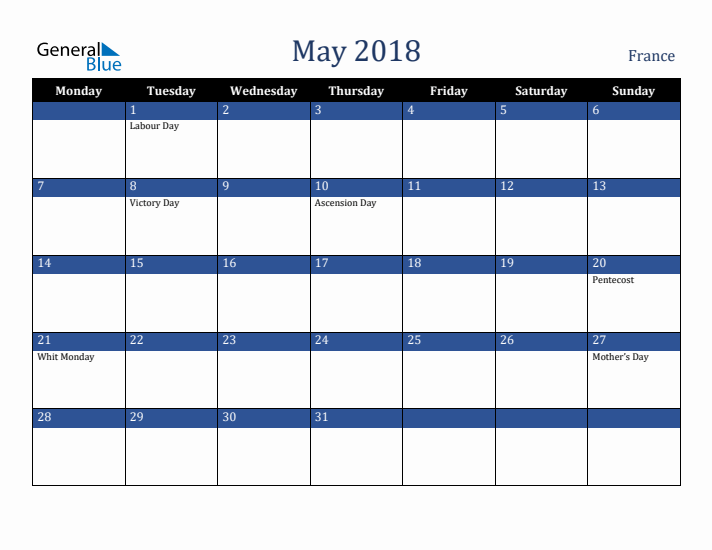 May 2018 France Calendar (Monday Start)