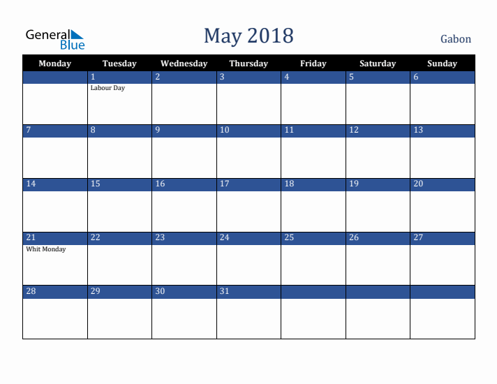 May 2018 Gabon Calendar (Monday Start)