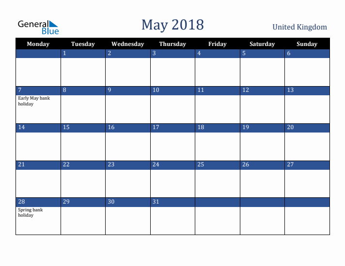 May 2018 United Kingdom Calendar (Monday Start)