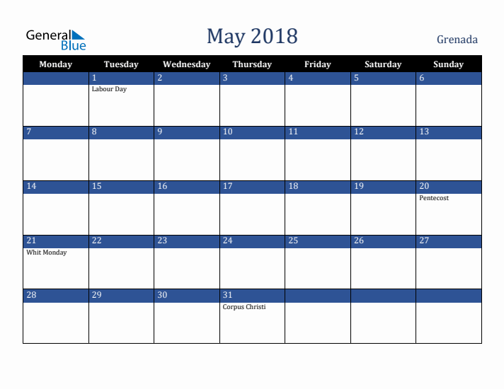 May 2018 Grenada Calendar (Monday Start)