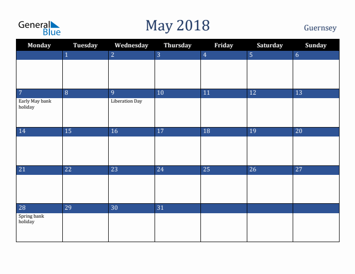 May 2018 Guernsey Calendar (Monday Start)
