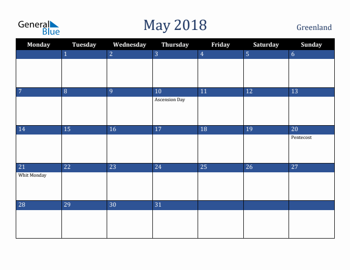 May 2018 Greenland Calendar (Monday Start)