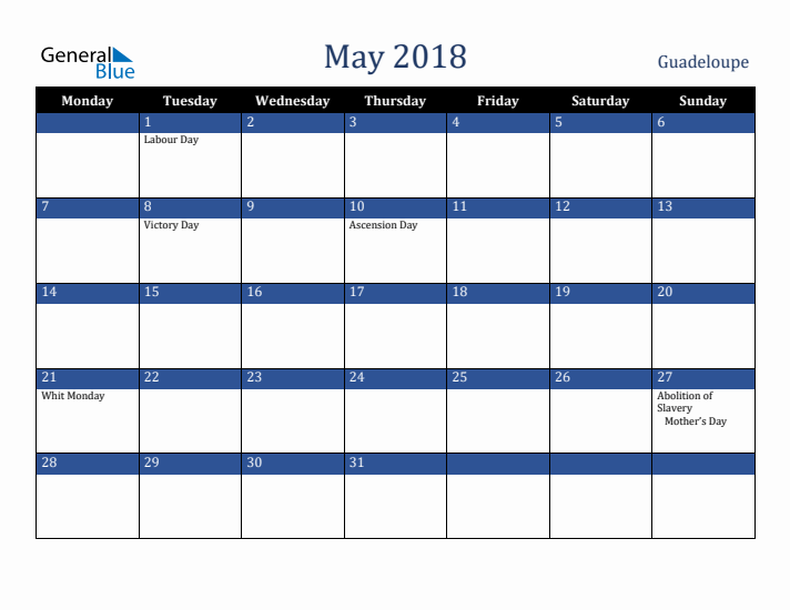 May 2018 Guadeloupe Calendar (Monday Start)