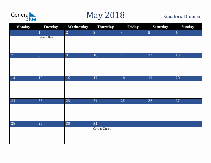 May 2018 Equatorial Guinea Calendar (Monday Start)