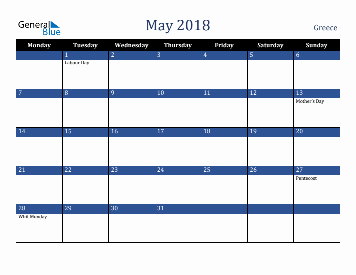 May 2018 Greece Calendar (Monday Start)