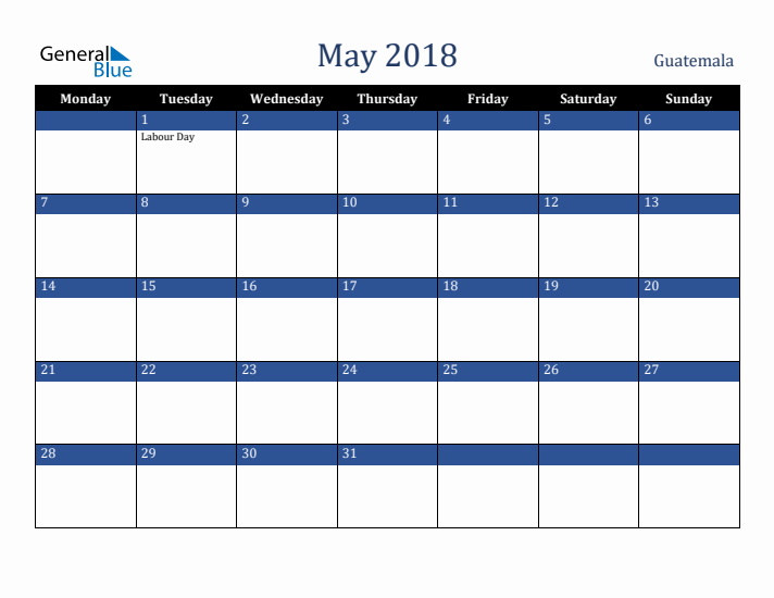 May 2018 Guatemala Calendar (Monday Start)