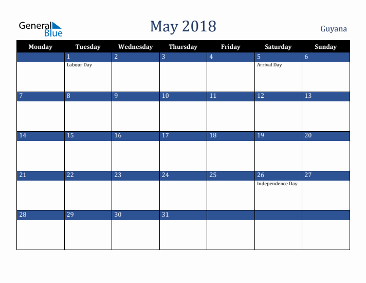 May 2018 Guyana Calendar (Monday Start)
