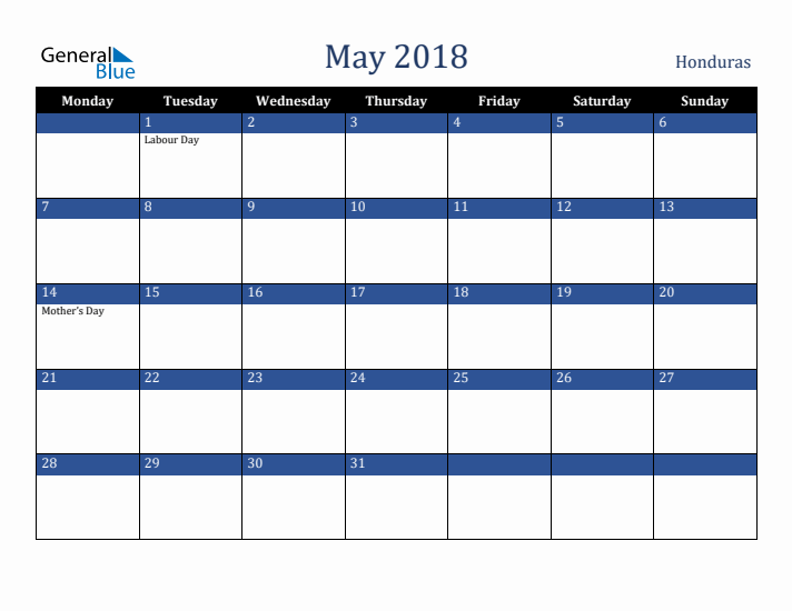 May 2018 Honduras Calendar (Monday Start)