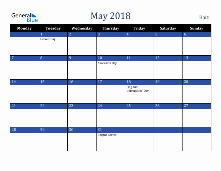 May 2018 Haiti Calendar (Monday Start)
