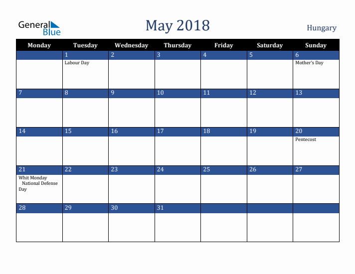 May 2018 Hungary Calendar (Monday Start)