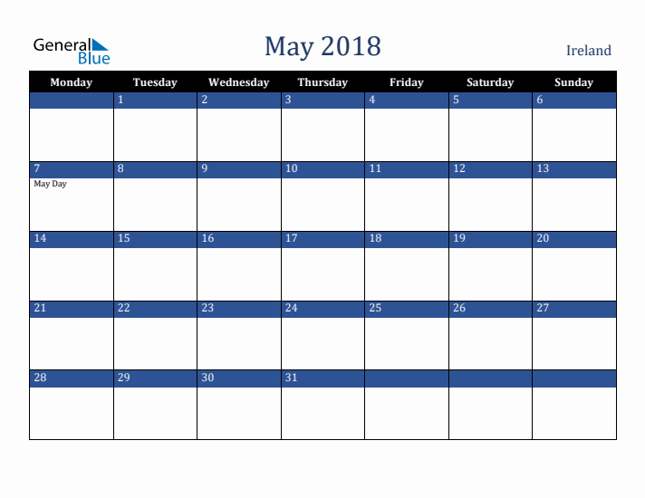 May 2018 Ireland Calendar (Monday Start)