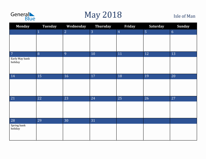 May 2018 Isle of Man Calendar (Monday Start)