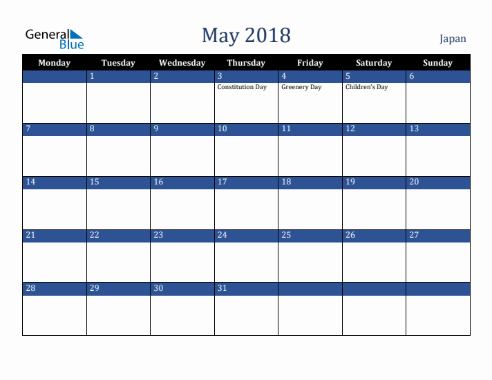 May 2018 Japan Calendar (Monday Start)