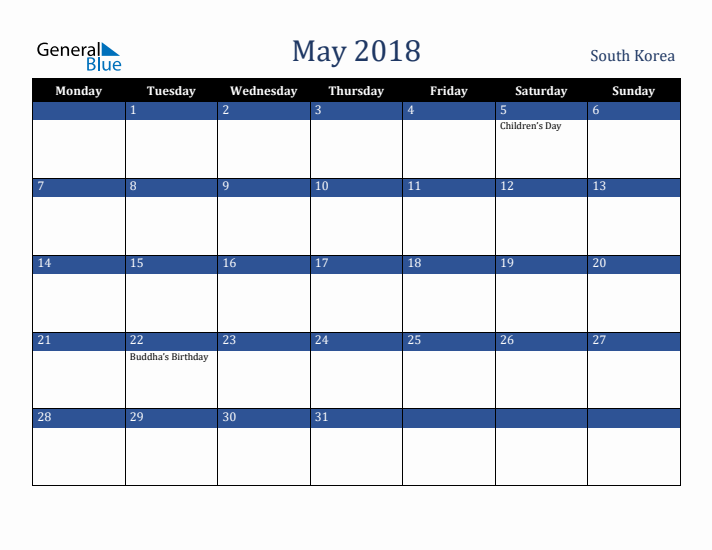 May 2018 South Korea Calendar (Monday Start)