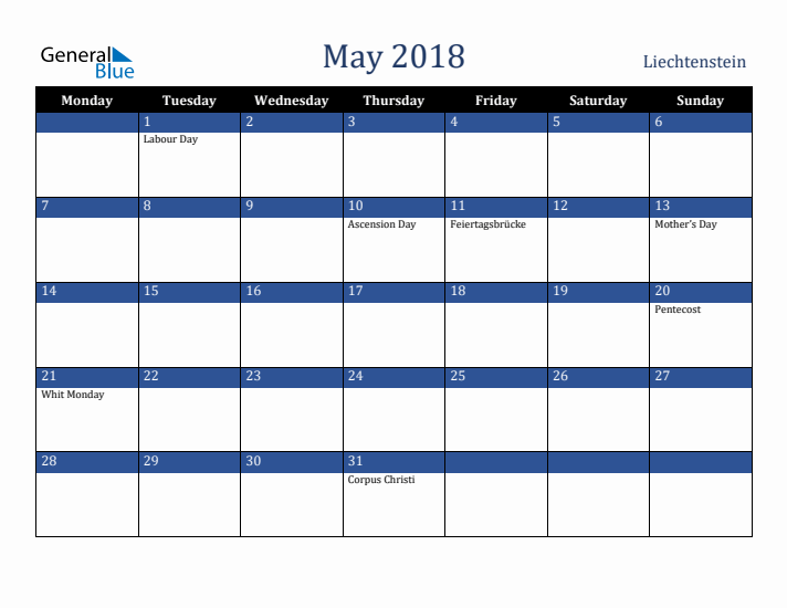 May 2018 Liechtenstein Calendar (Monday Start)