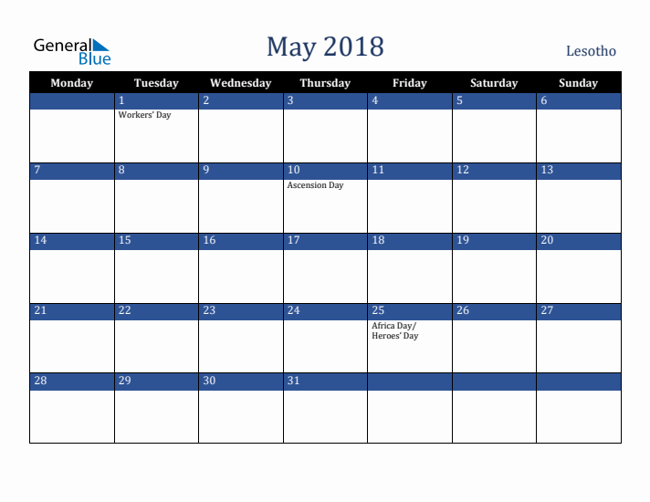 May 2018 Lesotho Calendar (Monday Start)