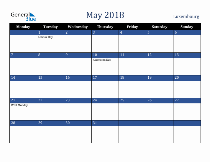 May 2018 Luxembourg Calendar (Monday Start)