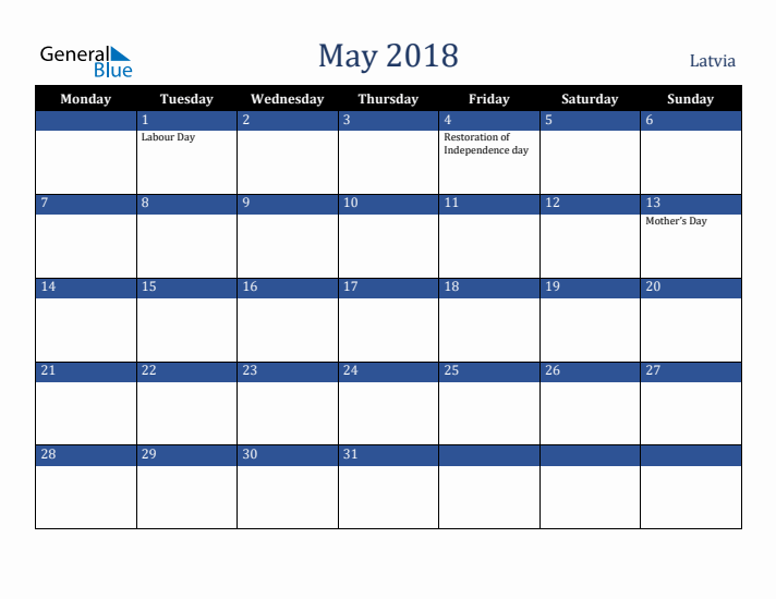 May 2018 Latvia Calendar (Monday Start)