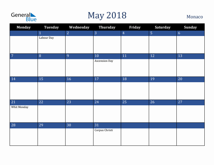 May 2018 Monaco Calendar (Monday Start)
