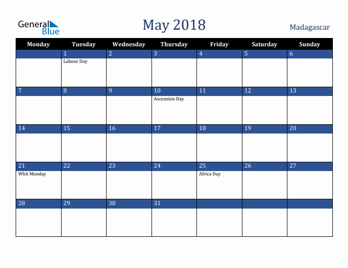 May 2018 Madagascar Calendar (Monday Start)