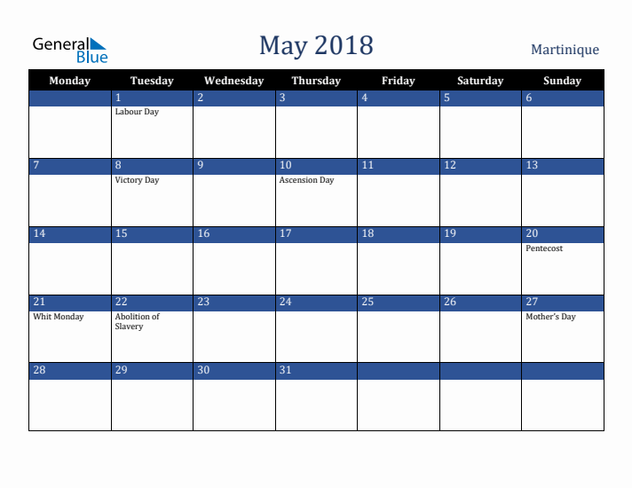 May 2018 Martinique Calendar (Monday Start)