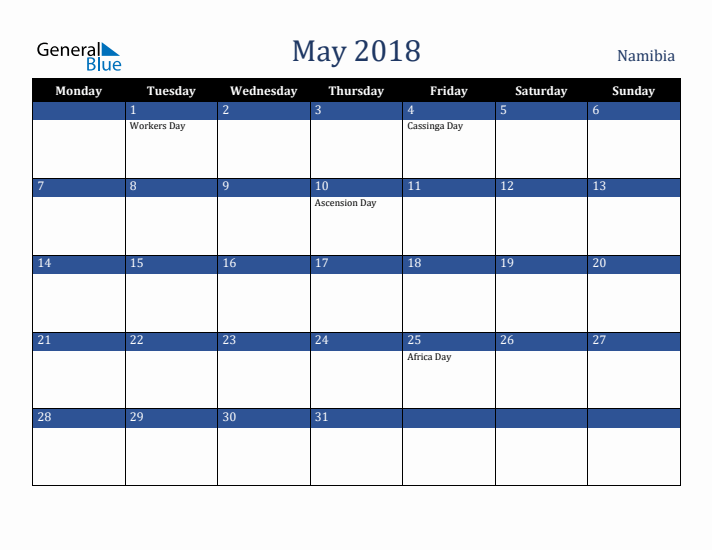 May 2018 Namibia Calendar (Monday Start)