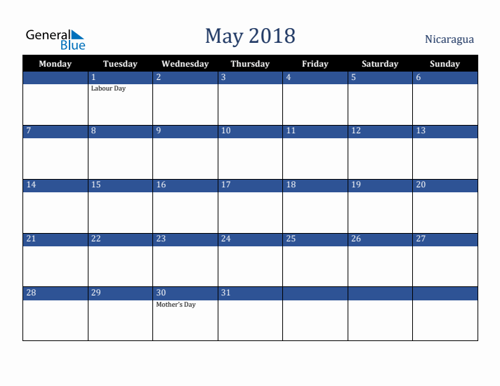 May 2018 Nicaragua Calendar (Monday Start)
