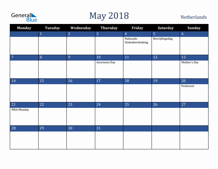 May 2018 The Netherlands Calendar (Monday Start)