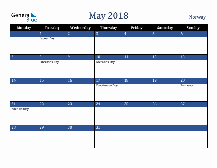 May 2018 Norway Calendar (Monday Start)