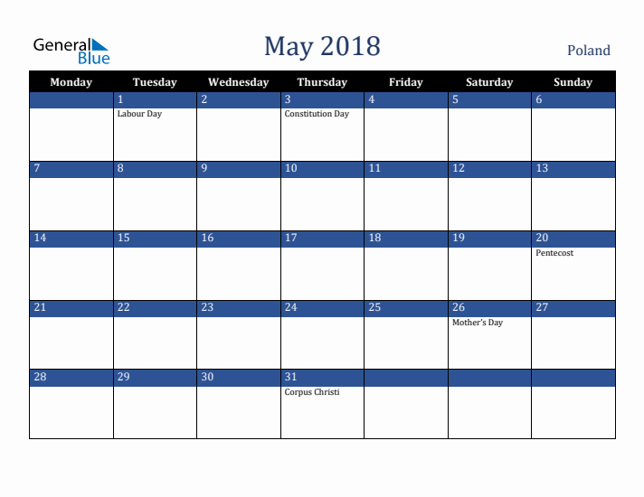 May 2018 Poland Calendar (Monday Start)