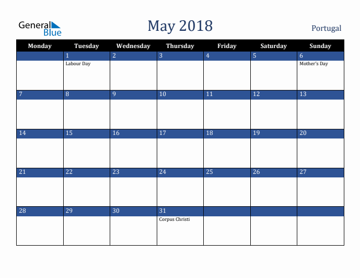 May 2018 Portugal Calendar (Monday Start)