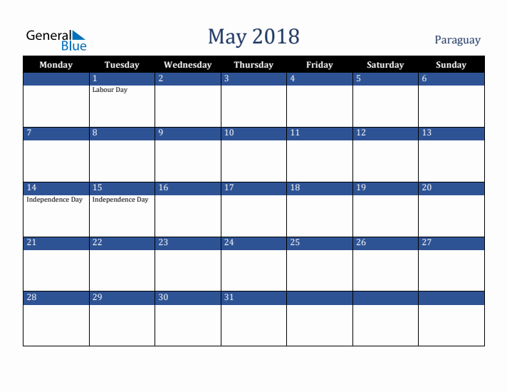 May 2018 Paraguay Calendar (Monday Start)