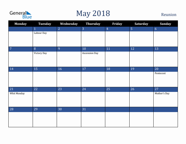 May 2018 Reunion Calendar (Monday Start)