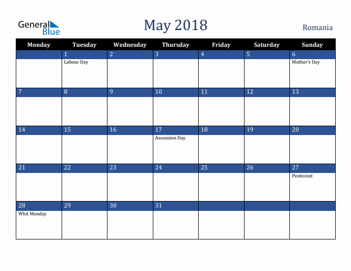 May 2018 Romania Calendar (Monday Start)