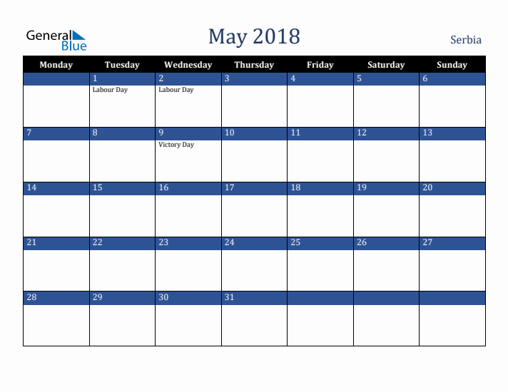 May 2018 Serbia Calendar (Monday Start)