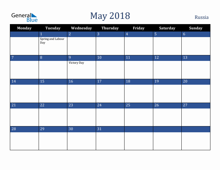 May 2018 Russia Calendar (Monday Start)