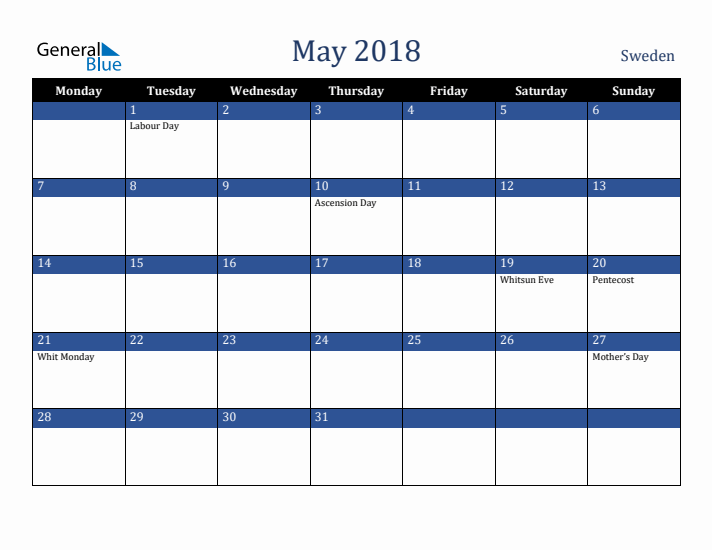 May 2018 Sweden Calendar (Monday Start)
