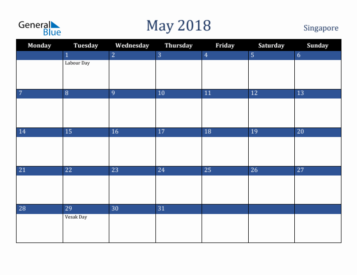 May 2018 Singapore Calendar (Monday Start)