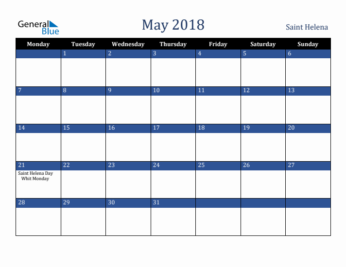 May 2018 Saint Helena Calendar (Monday Start)