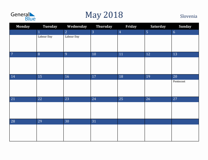 May 2018 Slovenia Calendar (Monday Start)
