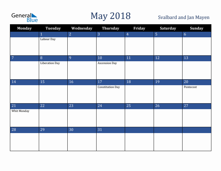 May 2018 Svalbard and Jan Mayen Calendar (Monday Start)