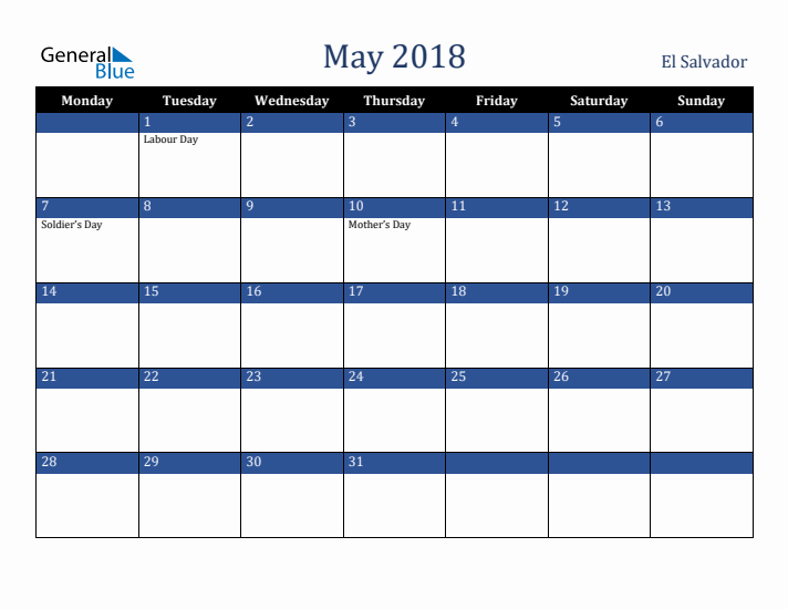 May 2018 El Salvador Calendar (Monday Start)
