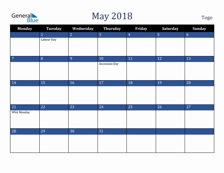 May 2018 Togo Calendar (Monday Start)