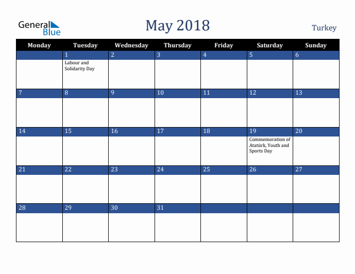 May 2018 Turkey Calendar (Monday Start)