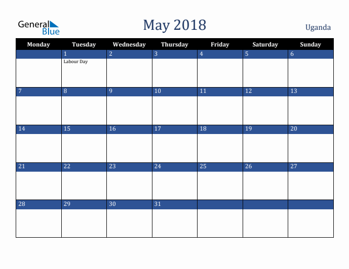May 2018 Uganda Calendar (Monday Start)